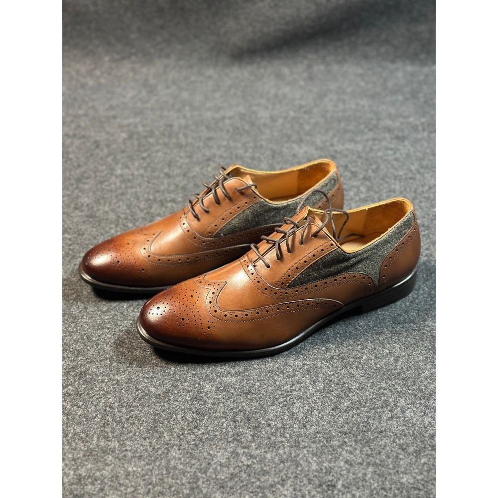 Warfield & Grand Mens Tan Leather Grey Wool Wingtip Oxford Shoes Size 11